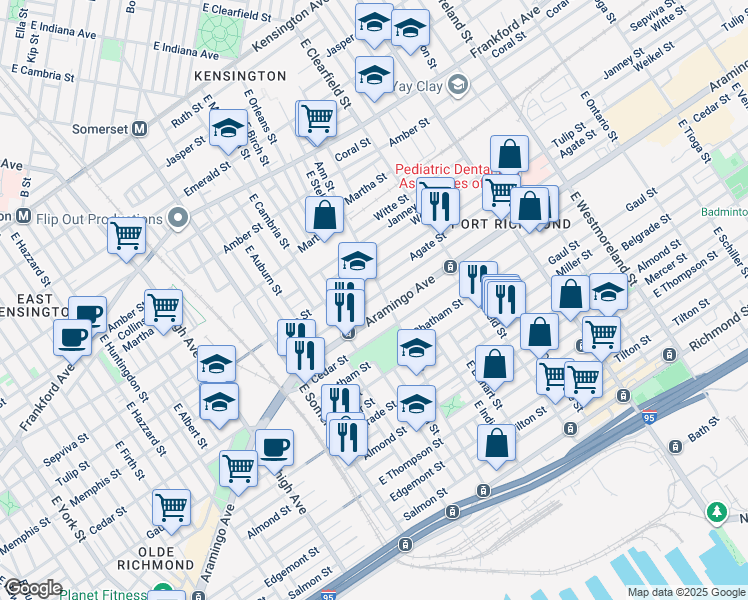 map of restaurants, bars, coffee shops, grocery stores, and more near 2967 Memphis Street in Philadelphia