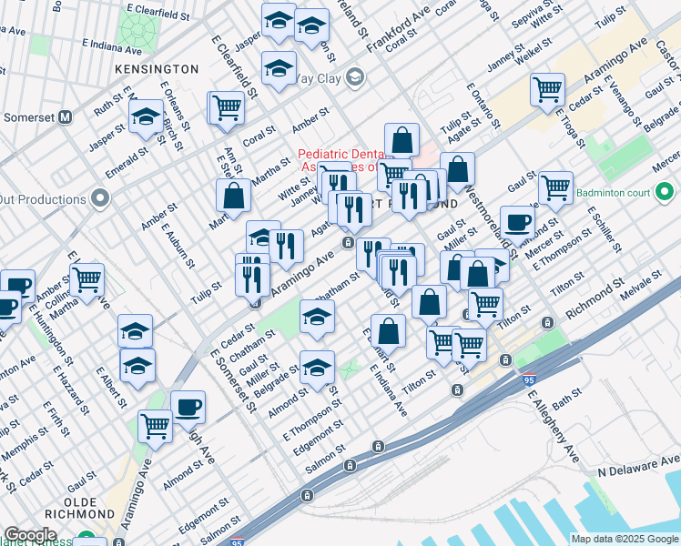 map of restaurants, bars, coffee shops, grocery stores, and more near 3049 Cedar Street in Philadelphia