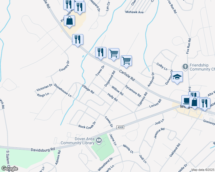 map of restaurants, bars, coffee shops, grocery stores, and more near 3560 Willow Road in Dover