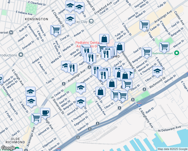 map of restaurants, bars, coffee shops, grocery stores, and more near 3087 Chatham Street in Philadelphia