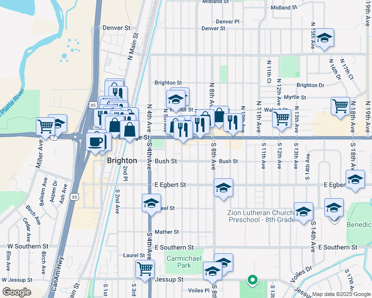 map of restaurants, bars, coffee shops, grocery stores, and more near 575 Bush Street in Brighton