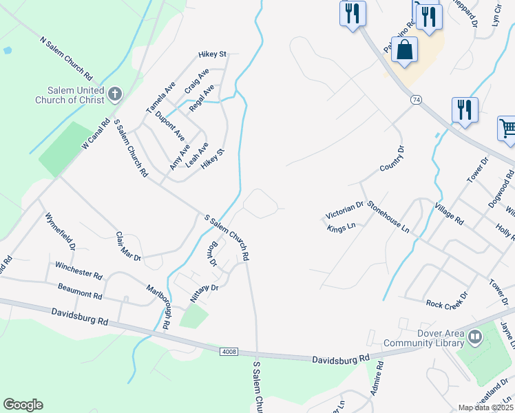 map of restaurants, bars, coffee shops, grocery stores, and more near 2751 Genna Circle in Dover