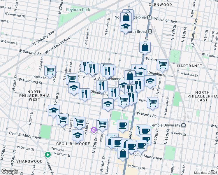 map of restaurants, bars, coffee shops, grocery stores, and more near in Philadelphia
