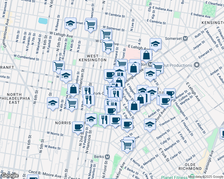 map of restaurants, bars, coffee shops, grocery stores, and more near 2351 North Howard Street in Philadelphia