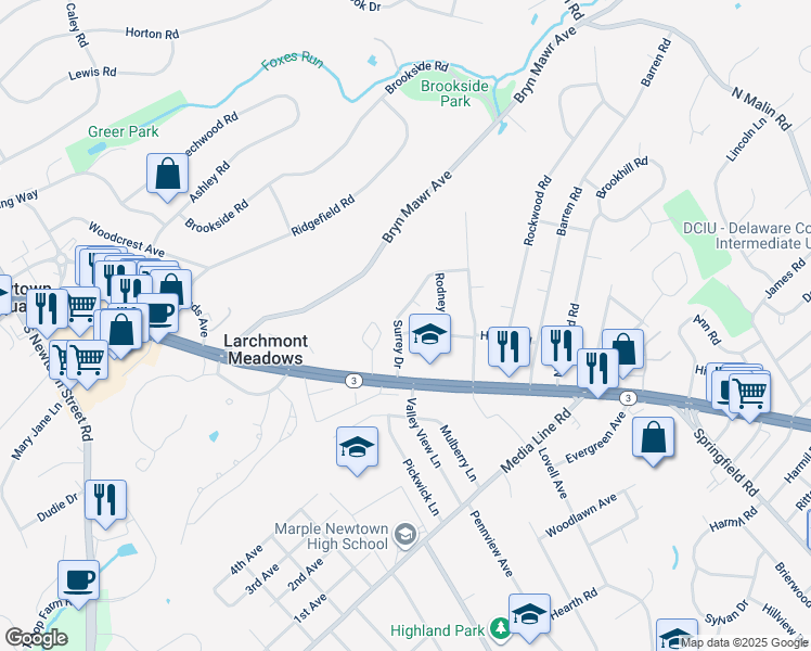 map of restaurants, bars, coffee shops, grocery stores, and more near 3319 Rodney Drive in Newtown Square