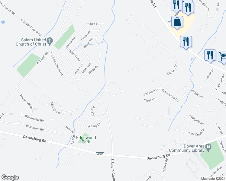 map of restaurants, bars, coffee shops, grocery stores, and more near 2722 Genna Circle in Dover