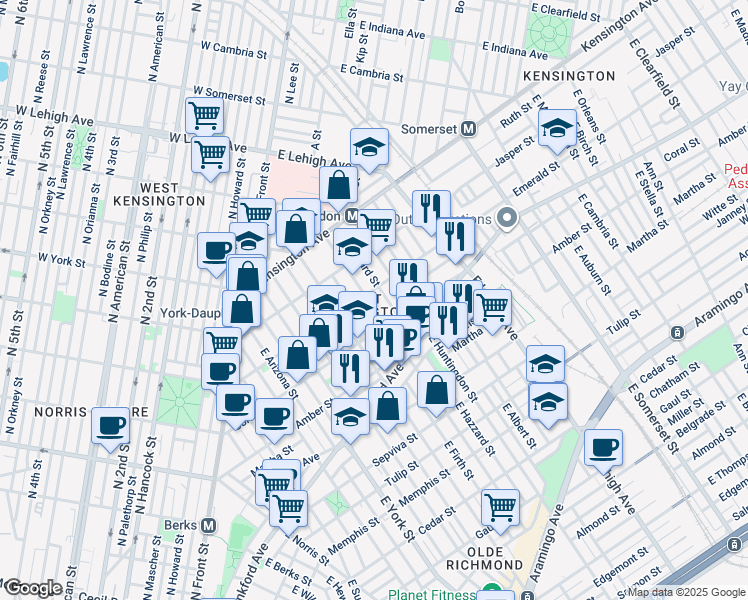 map of restaurants, bars, coffee shops, grocery stores, and more near 2033 East Sergeant Street in Philadelphia