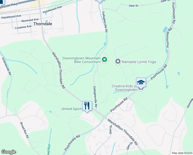 map of restaurants, bars, coffee shops, grocery stores, and more near 1419 Gallagherville Road in Downingtown