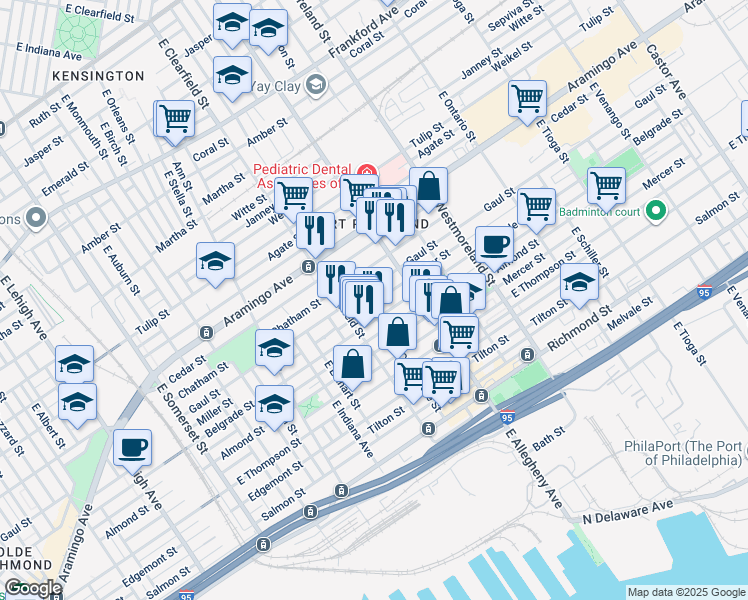 map of restaurants, bars, coffee shops, grocery stores, and more near 3144 Miller Street in Philadelphia