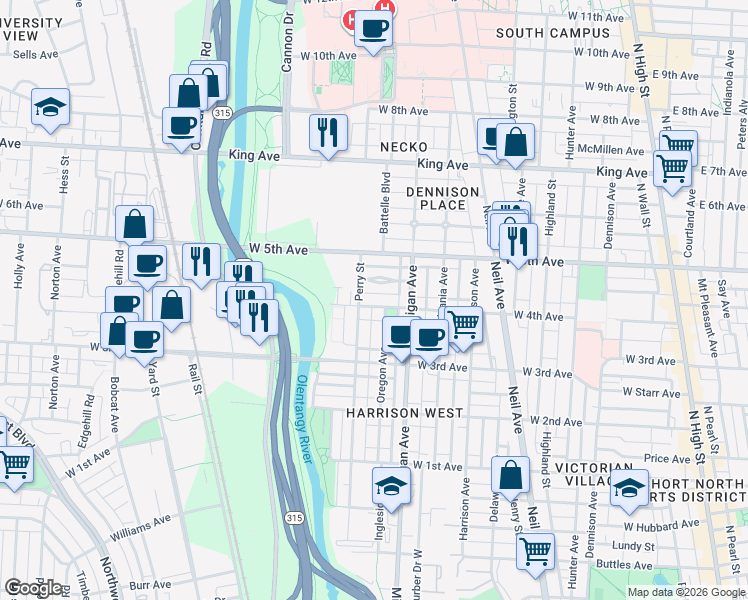 map of restaurants, bars, coffee shops, grocery stores, and more near 495 West 4th Avenue in Columbus