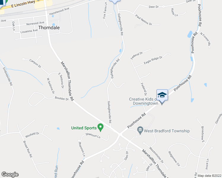 map of restaurants, bars, coffee shops, grocery stores, and more near 1419 Gallagherville Road in Downingtown