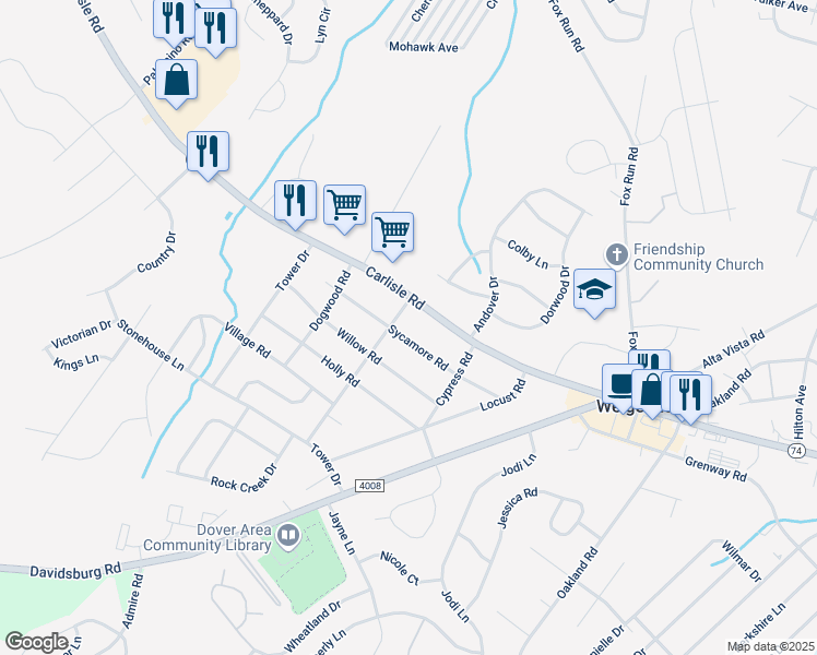 map of restaurants, bars, coffee shops, grocery stores, and more near 3471 Sycamore Road in Dover