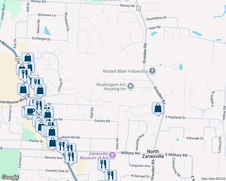 map of restaurants, bars, coffee shops, grocery stores, and more near 900 Center Court in Zanesville