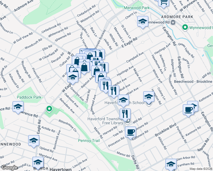 map of restaurants, bars, coffee shops, grocery stores, and more near 1333 East Darby Road in Havertown