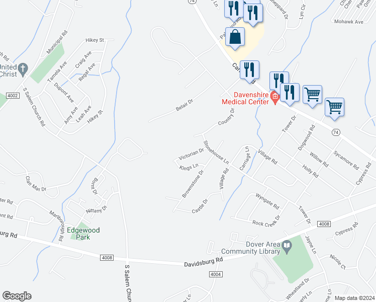 map of restaurants, bars, coffee shops, grocery stores, and more near 2617 Victorian Drive in Dover