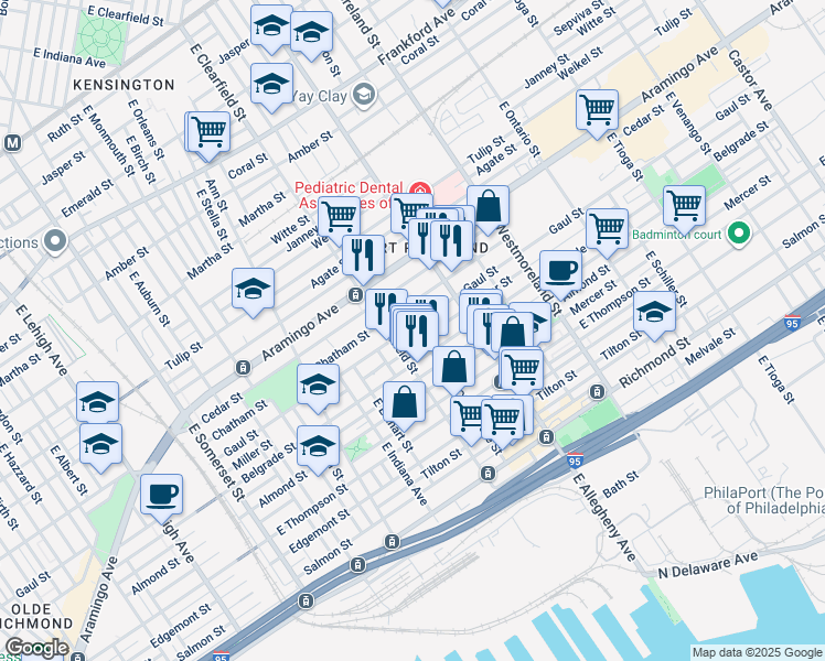 map of restaurants, bars, coffee shops, grocery stores, and more near 3127 Gaul Street in Philadelphia
