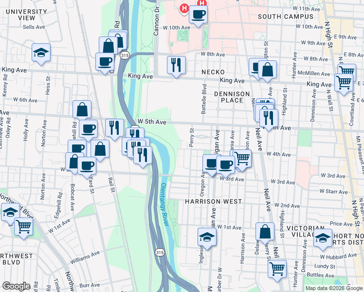 map of restaurants, bars, coffee shops, grocery stores, and more near 1205 1/2 Perry Street in Columbus