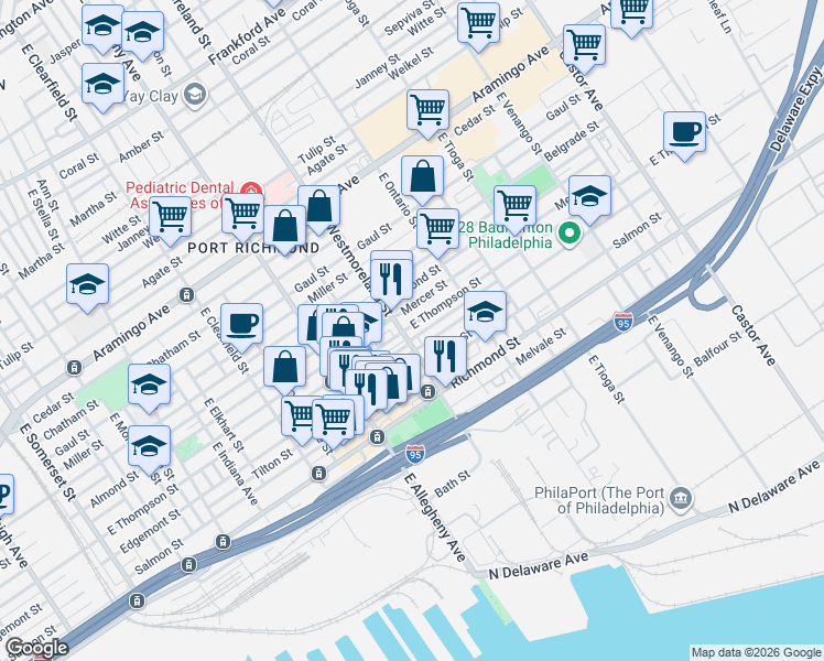 map of restaurants, bars, coffee shops, grocery stores, and more near 3309 East Thompson Street in Philadelphia