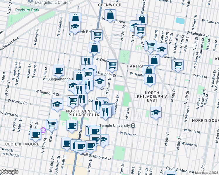 map of restaurants, bars, coffee shops, grocery stores, and more near 1217 West Susquehanna Avenue in Philadelphia