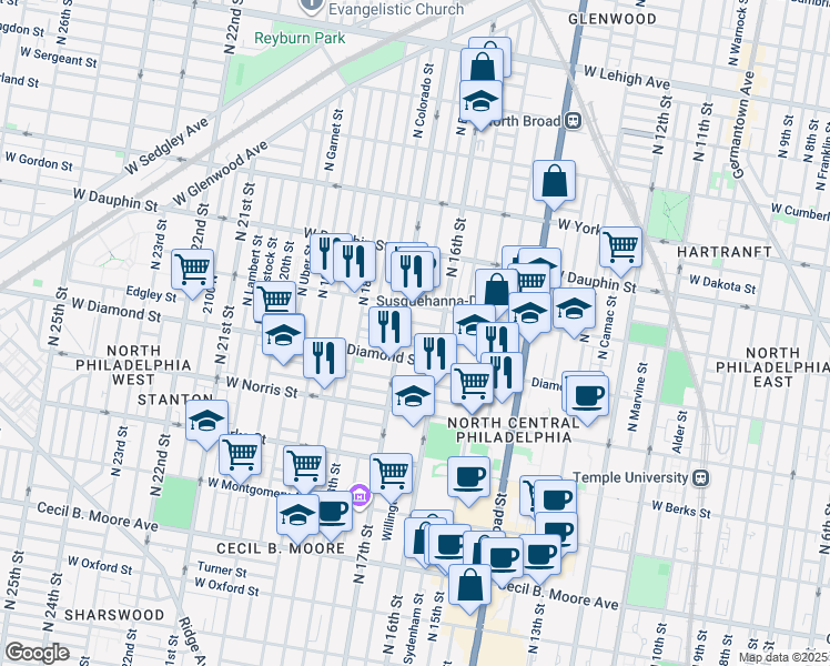 map of restaurants, bars, coffee shops, grocery stores, and more near 1635 Edgley Street in Philadelphia