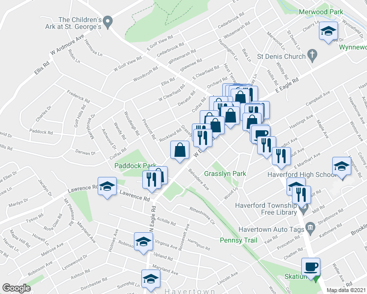 map of restaurants, bars, coffee shops, grocery stores, and more near 127 West Hillcrest Avenue in Havertown