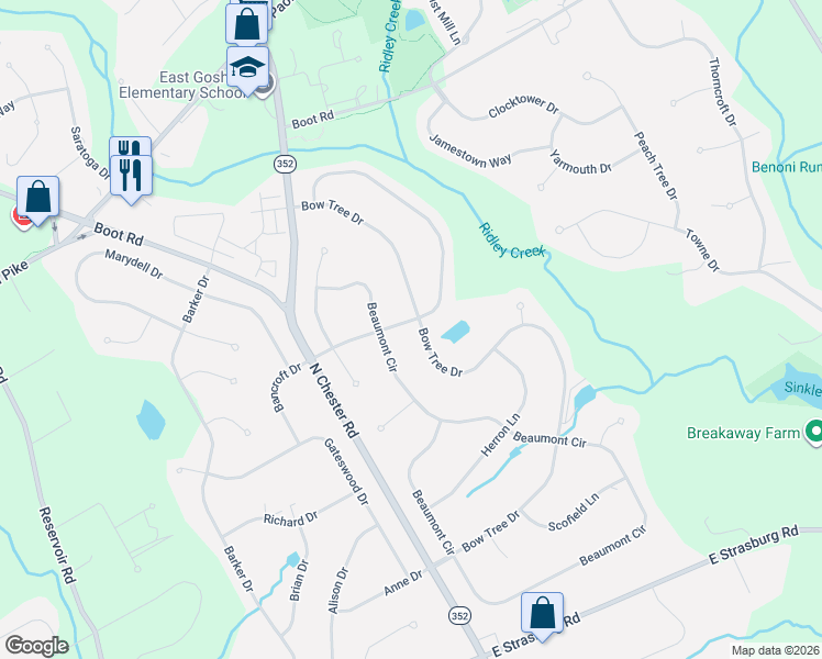 map of restaurants, bars, coffee shops, grocery stores, and more near 1677 Bow Tree Drive in West Chester
