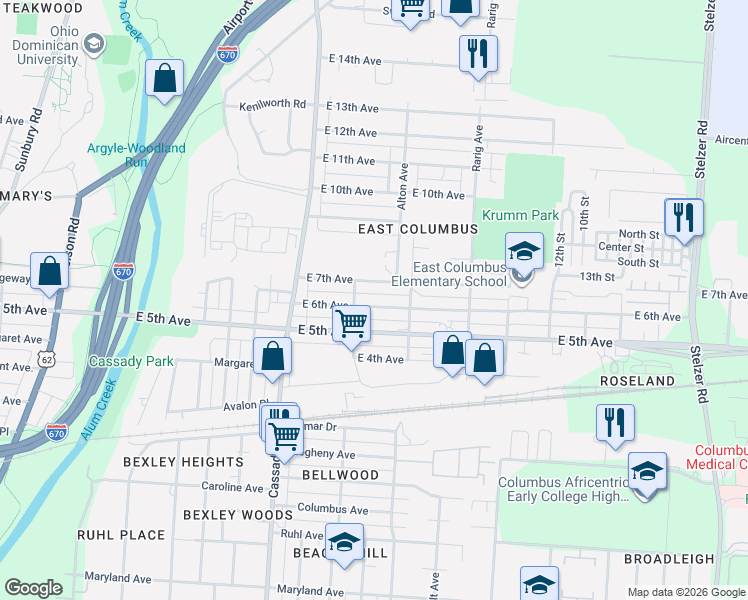 map of restaurants, bars, coffee shops, grocery stores, and more near 2861 East 6th Avenue in Columbus