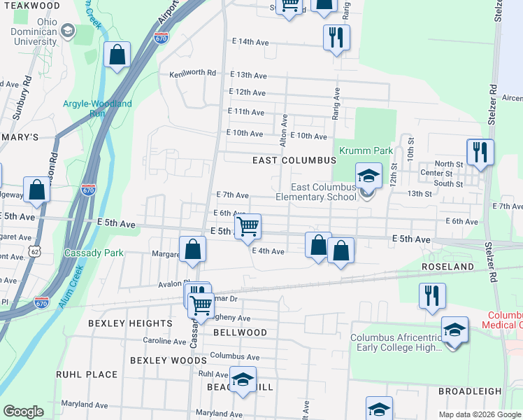 map of restaurants, bars, coffee shops, grocery stores, and more near 2861 East 6th Avenue in Columbus