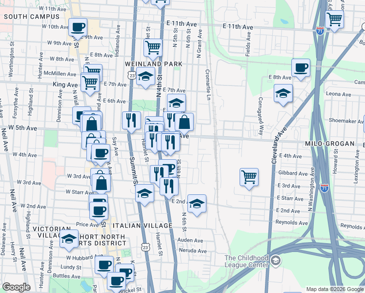 map of restaurants, bars, coffee shops, grocery stores, and more near 1086 North 4th Street in Columbus