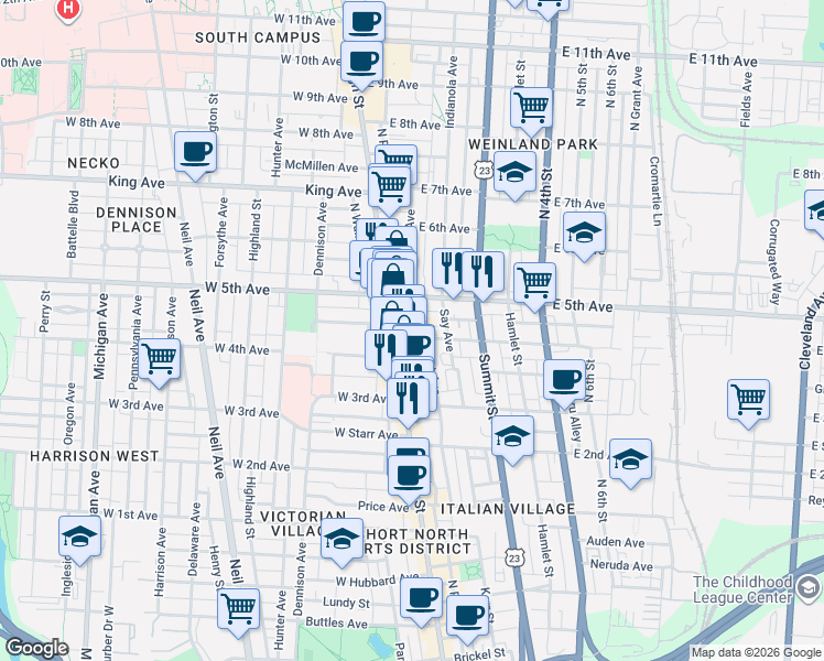 map of restaurants, bars, coffee shops, grocery stores, and more near 1130 Mount Pleasant Avenue in Columbus