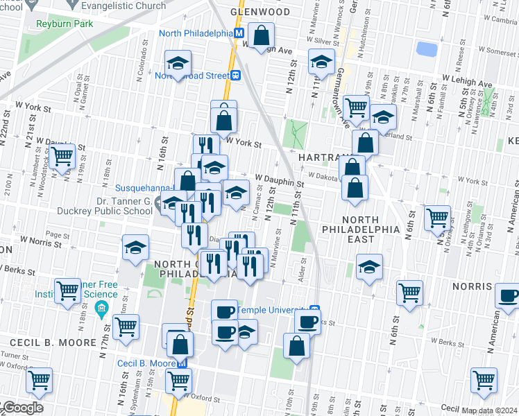 map of restaurants, bars, coffee shops, grocery stores, and more near 1217 West Susquehanna Avenue in Philadelphia