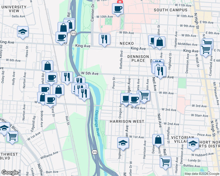 map of restaurants, bars, coffee shops, grocery stores, and more near 1205 1/2 Perry Street in Columbus