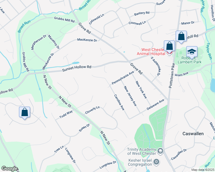 map of restaurants, bars, coffee shops, grocery stores, and more near 1132 Carolina Avenue in West Chester