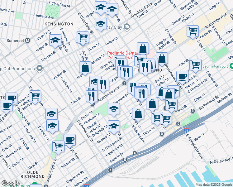 map of restaurants, bars, coffee shops, grocery stores, and more near 3028 Cedar Street in Philadelphia