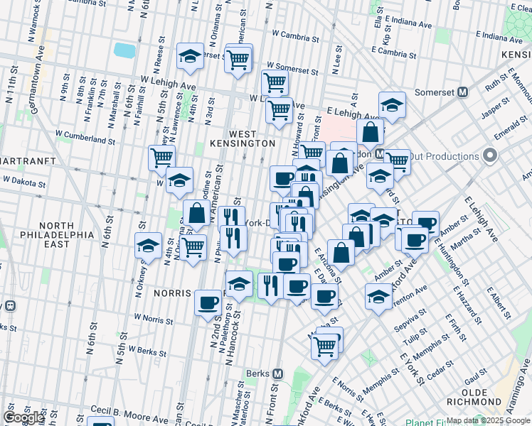 map of restaurants, bars, coffee shops, grocery stores, and more near 2340 North Mascher Street in Philadelphia