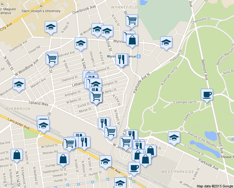 map of restaurants, bars, coffee shops, grocery stores, and more near 5231 Euclid Street in Philadelphia