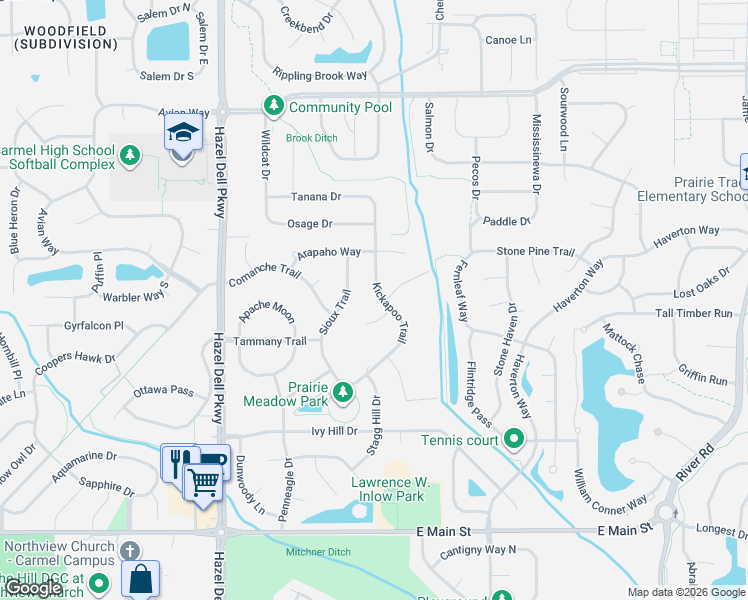 map of restaurants, bars, coffee shops, grocery stores, and more near 13344 Kickapoo Trail in Carmel