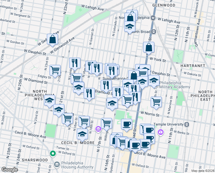 map of restaurants, bars, coffee shops, grocery stores, and more near 2114 North 17th Street in Philadelphia