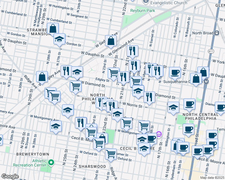 map of restaurants, bars, coffee shops, grocery stores, and more near 2031 North 22nd Street in Philadelphia