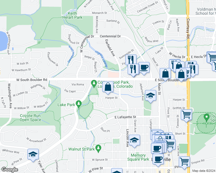 map of restaurants, bars, coffee shops, grocery stores, and more near 1607 Cottonwood Drive in Louisville