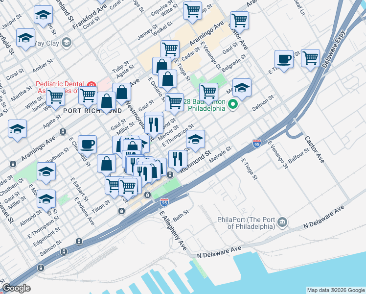 map of restaurants, bars, coffee shops, grocery stores, and more near 3322 Tilton Street in Philadelphia