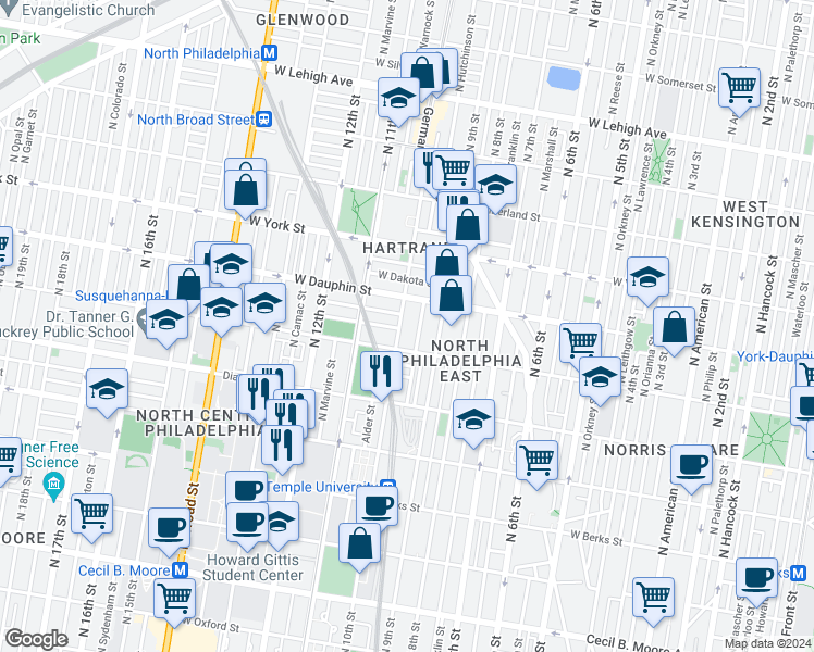 map of restaurants, bars, coffee shops, grocery stores, and more near 2209 North Delhi Street in Philadelphia