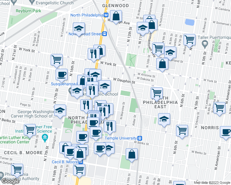 map of restaurants, bars, coffee shops, grocery stores, and more near in Philadelphia