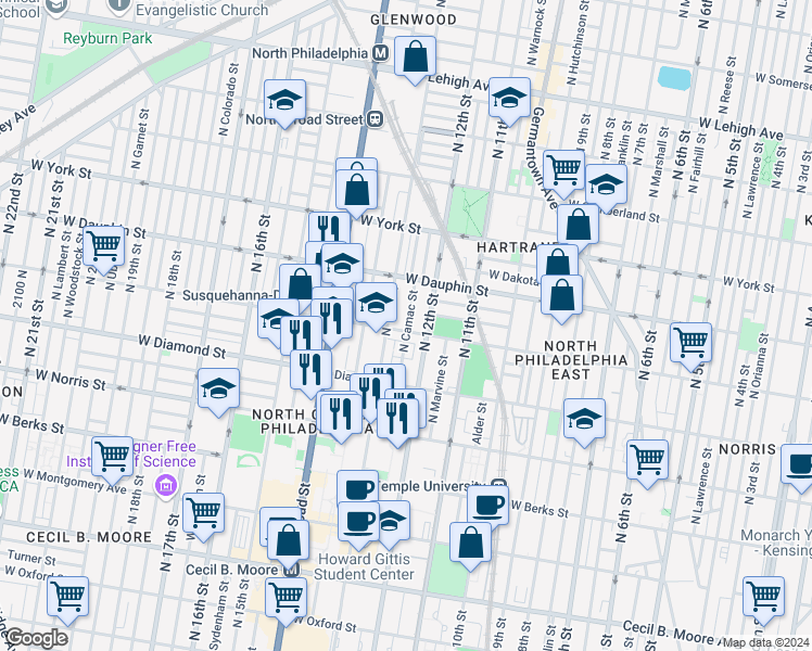 map of restaurants, bars, coffee shops, grocery stores, and more near in Philadelphia