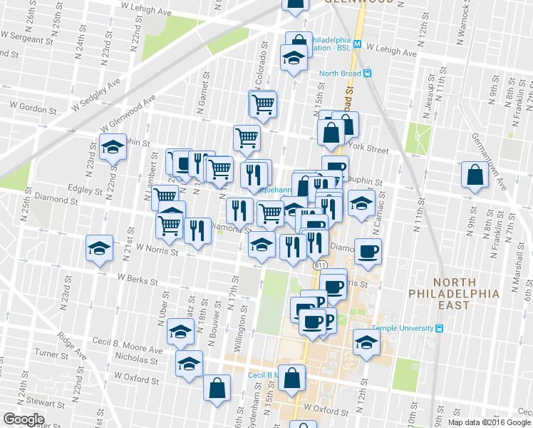 map of restaurants, bars, coffee shops, grocery stores, and more near in Philadelphia