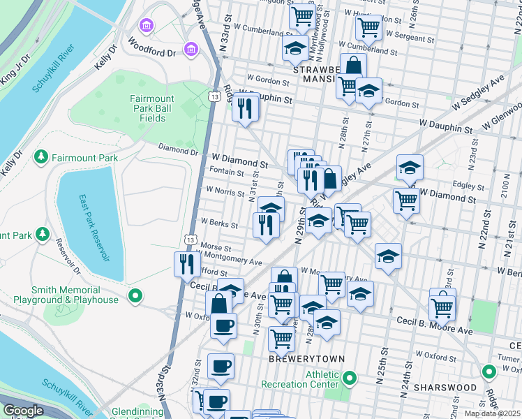 map of restaurants, bars, coffee shops, grocery stores, and more near 1924 North 30th Street in Philadelphia