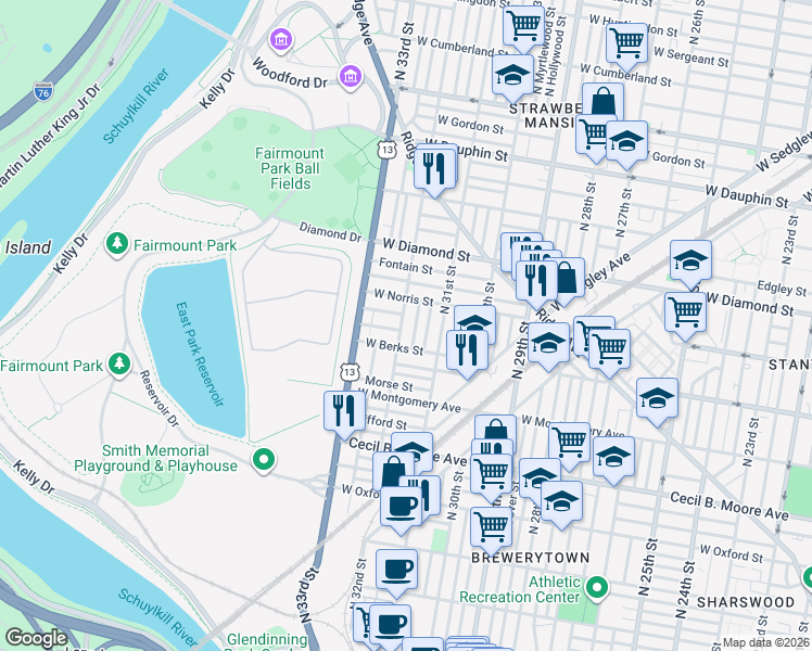 map of restaurants, bars, coffee shops, grocery stores, and more near 1901 North 32nd Street in Philadelphia