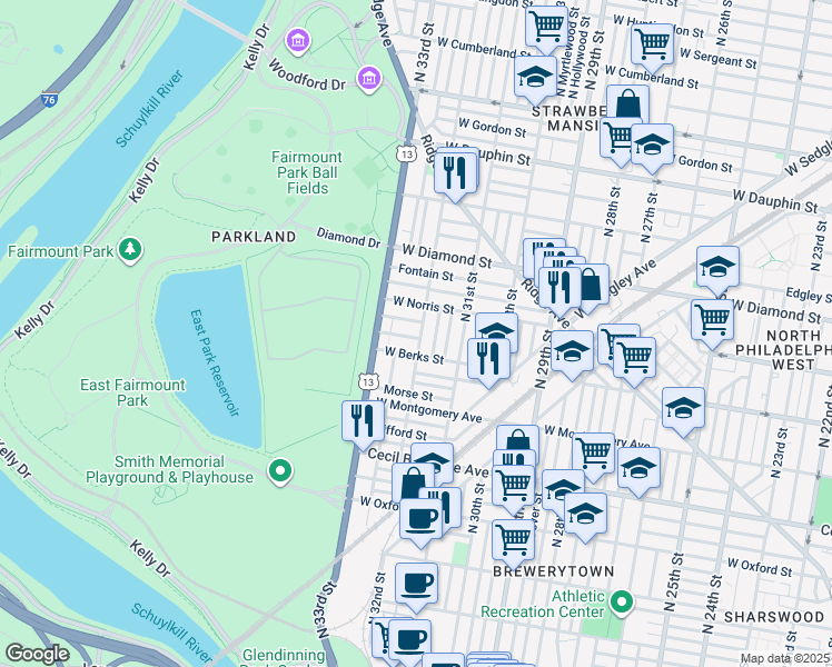 map of restaurants, bars, coffee shops, grocery stores, and more near 1901 North 32nd Street in Philadelphia