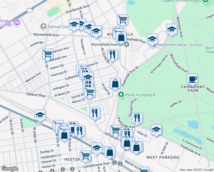 map of restaurants, bars, coffee shops, grocery stores, and more near 5231 Euclid Street in Philadelphia