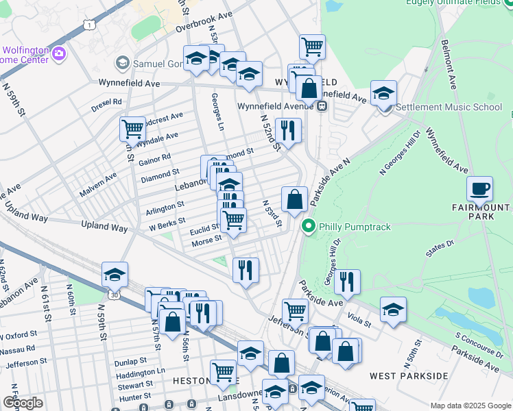 map of restaurants, bars, coffee shops, grocery stores, and more near 5316 West Berks Street in Philadelphia